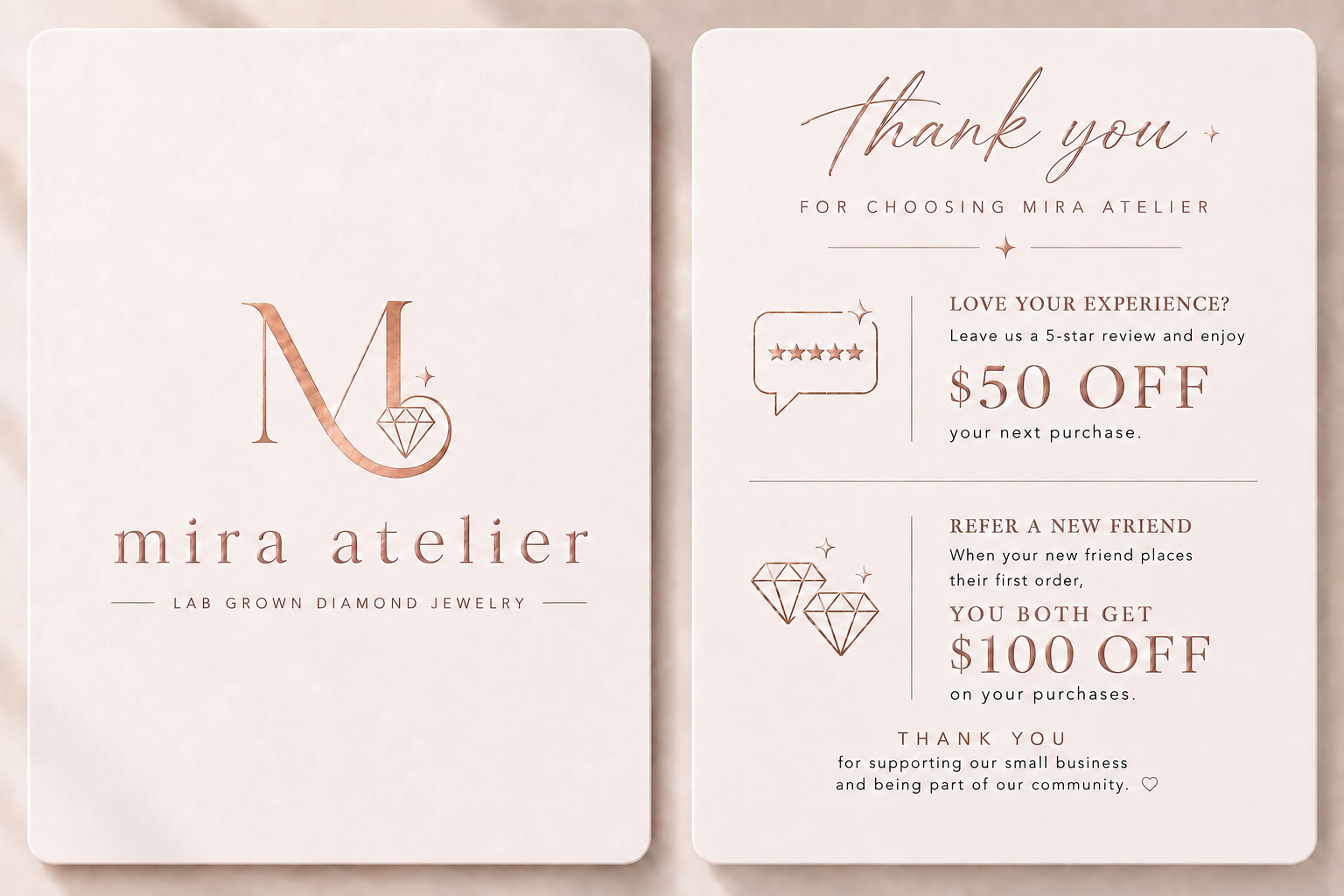 Mira Atelier thank-you card: $50 off your next purchase for a 5-star review; refer a new friend and you both get $100 off when they place their first order.