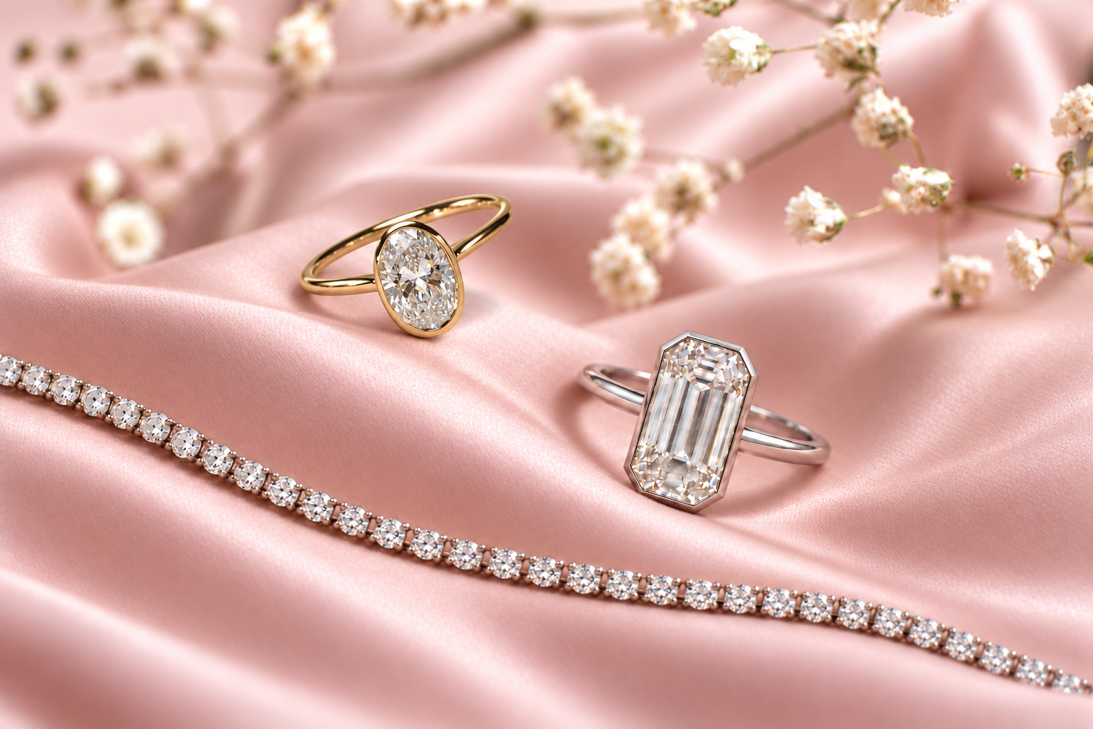 Gold oval and platinum emerald-cut rings with a platinum diamond tennis bracelet on blush silk