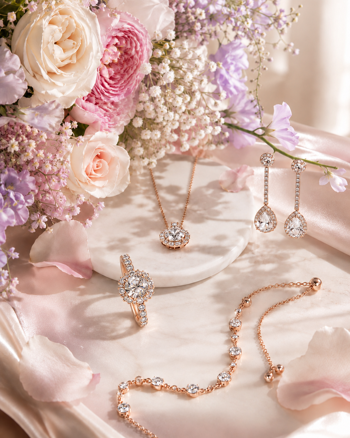 Diamond jewellery on cream silk surrounded by blush roses and lavender flowers