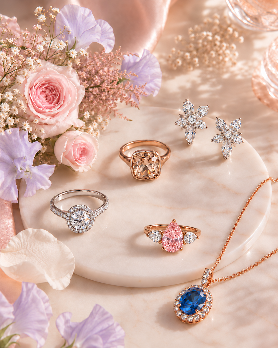 Romantic coloured jewellery with pink roses and lavender petals