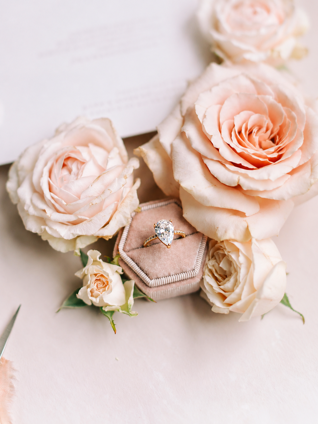 A treasured diamond ring nestled among romantic roses