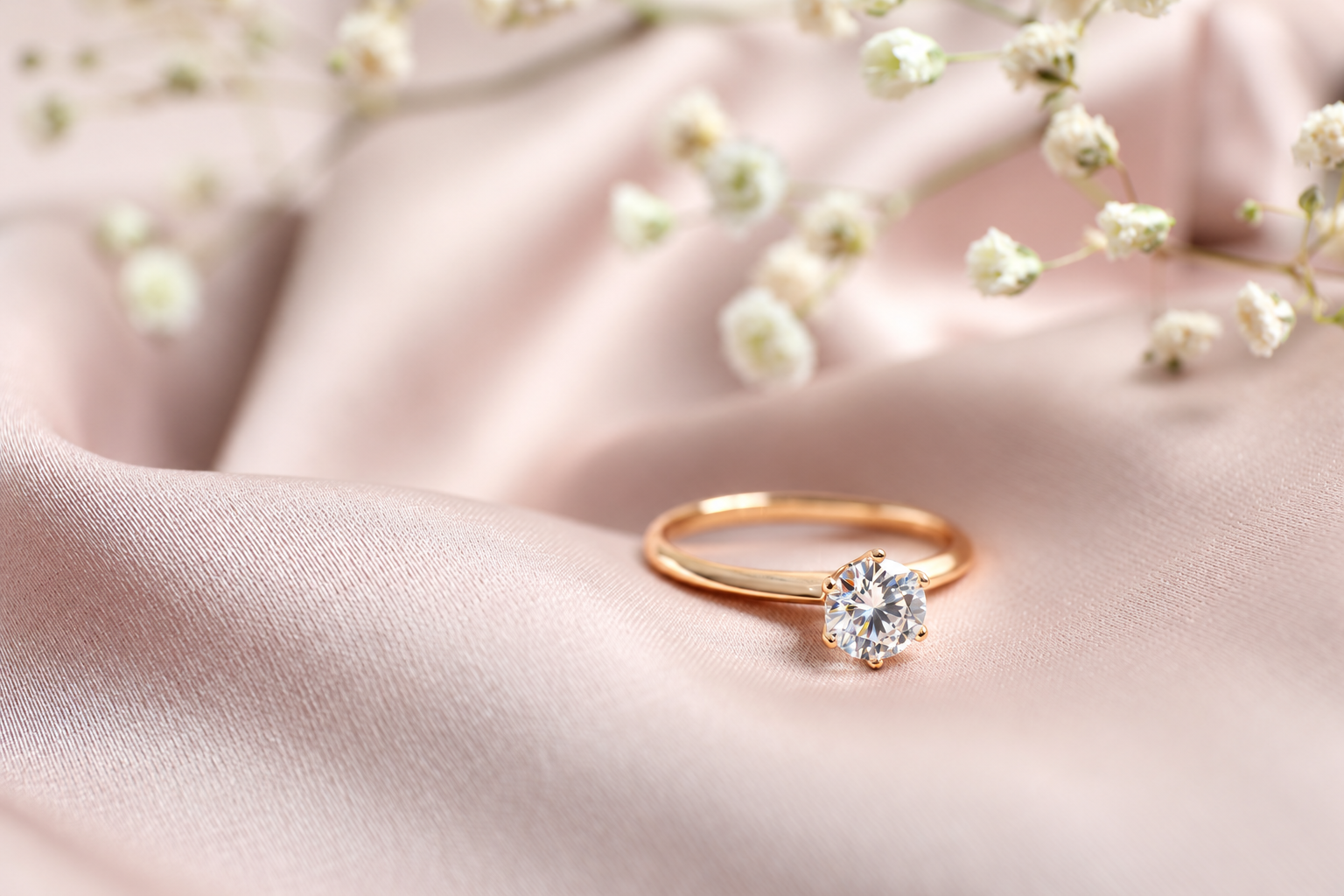 Solitaire diamond ring on softly folded silk
